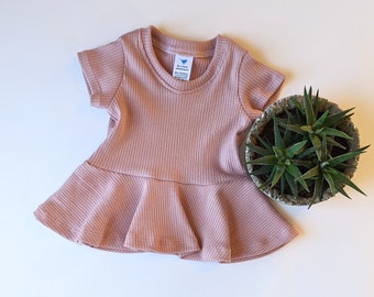 Dusty Rose Rib Knit Peplum Top//Girls Peplum//Toddler Shirt with Flounce//Easter Outfit//Spring Clothing