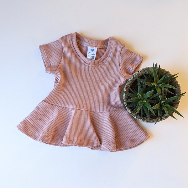 Dusty Rose Rib Knit Peplum Top//Girls Peplum//Toddler Shirt with Flounce//Easter Outfit//Spring Clothing