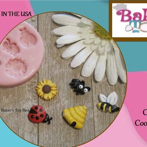 Adorable little bugs and flower silicone mold - Bees, Lady Bug, Ant Silicone Mold - Food Safe Mold - Flexible Fondant Mold - Silicone Molds
