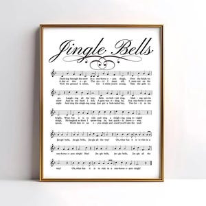 May include: A printable sheet music for the Christmas carol "Jingle Bells". The lyrics and musical notes are printed in black on a white background. The title "Jingle Bells" is written in a decorative font.