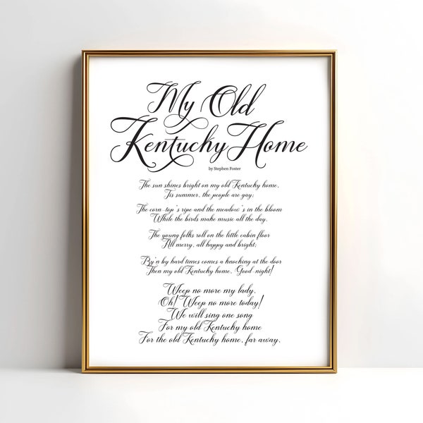 My Old Kentucky Home Lyrics Print, Script Font, Kentucky Derby Decor, Digital Download, Typography Wall Art, Printable, Framable Derby Art