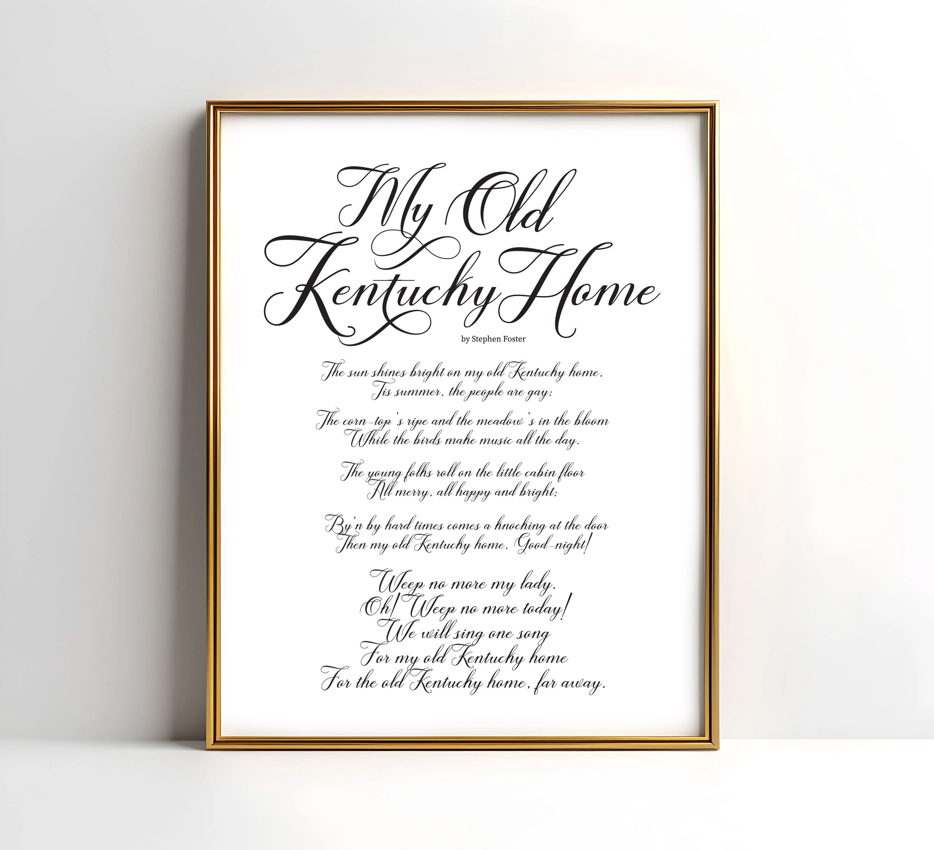 My Old Kentucky Home Lyrics Print, Script Font, Kentucky Derby Decor
