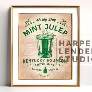 Mint Julep Vintage druckbare Kentucky Derby Party Dekor Wandkunst Framable DIY digitaler Download Bourbon Whisky Cocktail Louisville Barwagen