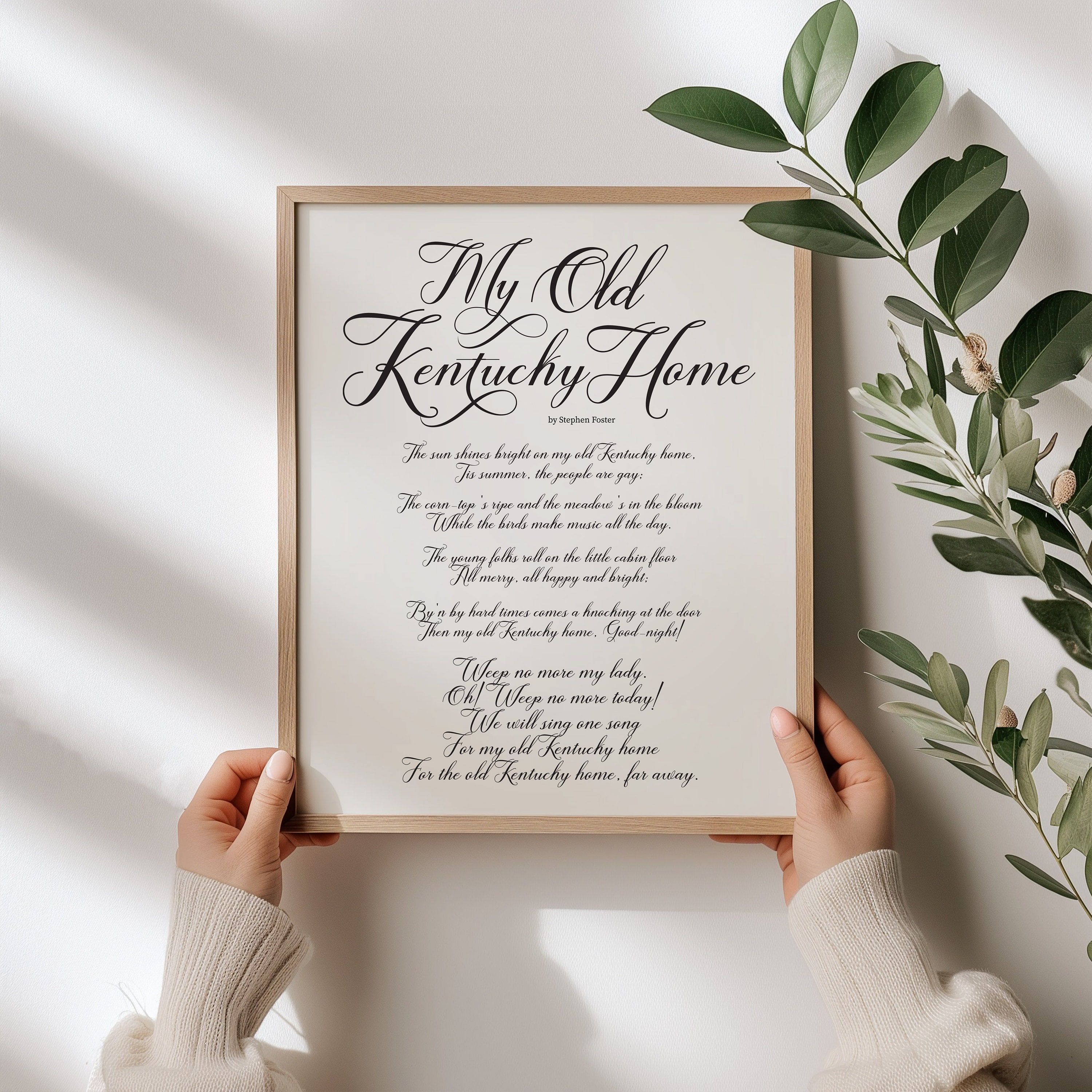 My Old Kentucky Home Lyrics Print, Script Font, Kentucky Derby Decor