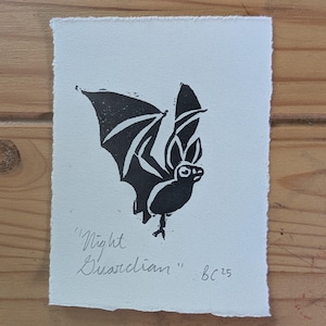 Bat Linocut - &quot;Night Guardian&quot; - Original Handmade Print
