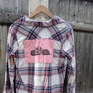 Button up flannel - Foxes - handprinted block print patch - upcycled, thrifted
