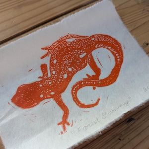 Newt Linocut - &quot;Forest Gummy&quot; - Original Handmade Print