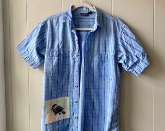 button up tee "toad" handprinted block print patch - cotton, blue plaid