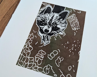 Calling it a Night - Raccoon linocut - Block Print - Original Linocut