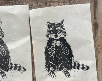 Raccoon Lunch - Block Print - Original Linocut