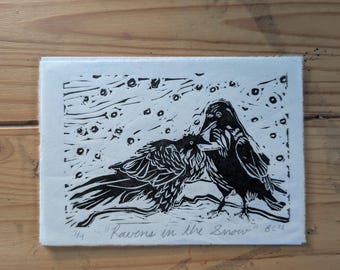 Raven Bird Linocut - "Ravens In the Snow" - Original Handmade Print