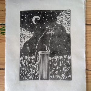 Black cat and perch - &quot;Starry Eyed&quot; - Original Handmade Linocut
