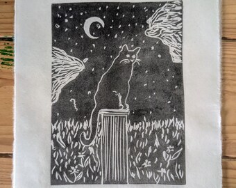 Black Cat Linocut Print - "Starry Eyed" - Original Handmade Artwork