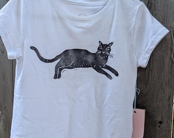 t shirt "black cat" handprinted block print