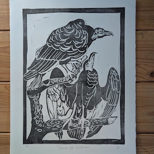 Turkey Vulture Linocut - &quot;Tower of Silence&quot; - Original Handmade Print