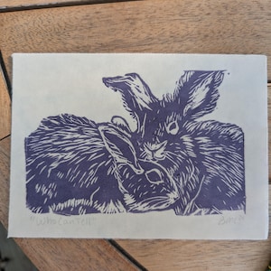 Rabbits Linocut - &quot;Who can tell&quot; - Original Handmade Print