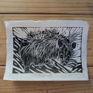Opossum with Babies Linocut - &quot;Motherhood&quot; - Original Handmade Print