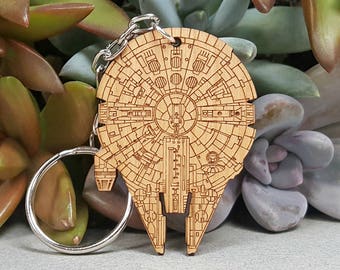 Key Chain - Star Wars Millennium Falcon- Wood Keychain - Laser Engraved - Han Solo Keychain