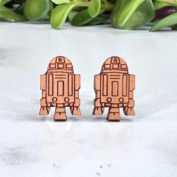 Star Wars R2D2 Earrings - Laser Engraved on Alder Wood - Hypoallergenic Titanium Post Earrings R2-D2