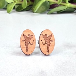 Disney Tinker Bell Earrings - Laser Engraved Wood Earrings - Hypoallergenic Titanium Post Earring Pair