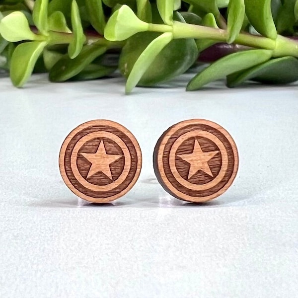 Captain America Shield Post Earrings - Laser Engraved Wood Earrings - Hypoallergenic Titanium Post Earring Pair