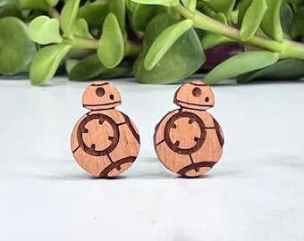 Star Wars BB8 Earrings - Laser Engraved on Alder Wood - Hypoallergenic Titanium Post Earrings BB-8