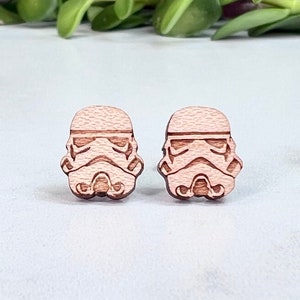 Star Wars Stormtrooper Earrings Laser Engraved on Maple Wood Hypoallergenic Titanium Post Earrings image 1