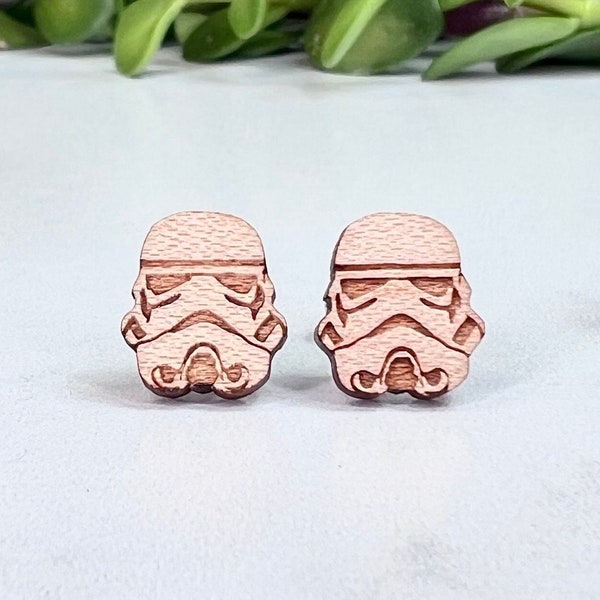 Star Wars Stormtrooper Earrings - Laser Engraved on Maple Wood - Hypoallergenic Titanium Post Earrings