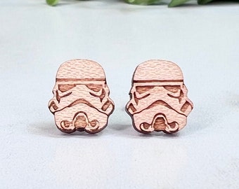 Star Wars Stormtrooper Earrings - Laser Engraved on Maple Wood - Hypoallergenic Titanium Post Earrings
