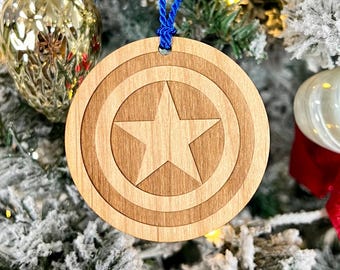 Captain America Shield Ornament - Engraved Hardwood Christmas Decor - Personalization Available