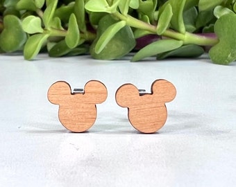 Disney Mickey Mouse Post Earrings - Laser Engraved Wood Earrings - Hypoallergenic Titanium Post Earring Pair