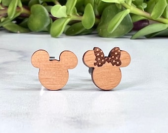 Disney Mickey and Minnie Mouse Post Earrings - Laser Engraved Wood Earrings - Hypoallergenic Titanium Post Earring Pair