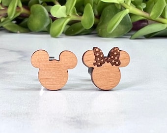 Mickey and Minnie Mouse Earrings: Laser Engraved Alder Wood, Hypoallergenic Titanium