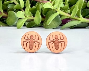 Spiderman Post Earrings - Laser Engraved Wood Earrings - Hypoallergenic Titanium Post Earring Pair - Peter Parker