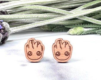 Baby Groot Wood Earrings – Laser Engraved Titanium Posts
