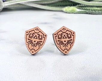 Hylian Shield Earrings – Laser Engraved Alder Wood, Legend of Zelda