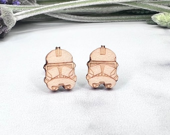 Star Wars Clone Trooper Helmet Earrings - Laser Engraved on Maple Wood - Hypoallergenic Titanium Post Earrings - Captain Rex Commander Cody