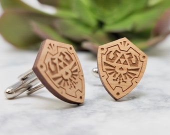 Zelda Link Hylian Shield Cuff Links - Laser Engraved on Alder Wood - Cufflinks Pair