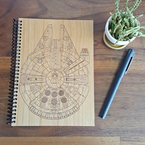 Millennium Falcon Wood Notebook - Custom Engraving Front or Inside Cover - Laser Engraved Hardwood Planner Journal