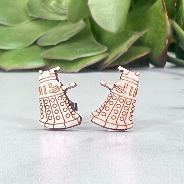 Doctor Who Dalek Earrings - Laser Engraved Wood Earrings - Hypoallergenic Titanium Post Earring Pair - TARDIS Dalek