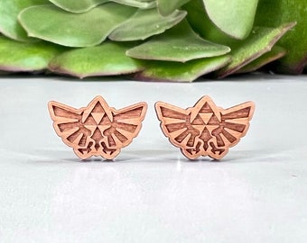 Zelda TriForce Wingcrest Earrings - Laser Engraved on Alder Wood - Nintendo Legend of Zelda