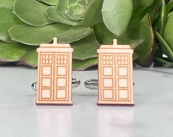 Doctor Who TARDIS Cuff Links - Laser Engraved on Maple Wood - Cufflinks Pair