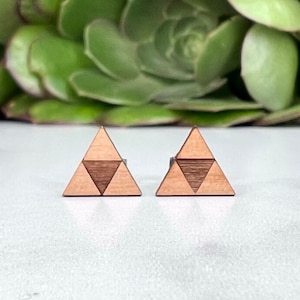 Zelda TriForce Triangle Earrings - Laser Engraved on Alder Wood - Nintendo Legend of Zelda - Hypoallergenic Titanium Post
