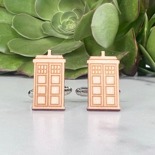 Doctor Who TARDIS Cuff Links - Laser Engraved on Maple Wood - Cufflinks Pair