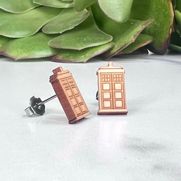 Doctor Who TARDIS Earrings - Laser Engraved Wood Earrings - Hypoallergenic Titanium Post Earring Pair