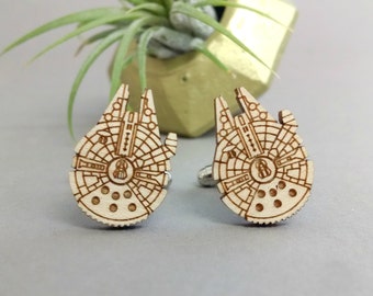 Star Wars Millennium Falcon Cuff Links - Laser Engraved on Maple Wood - Cufflinks Pair