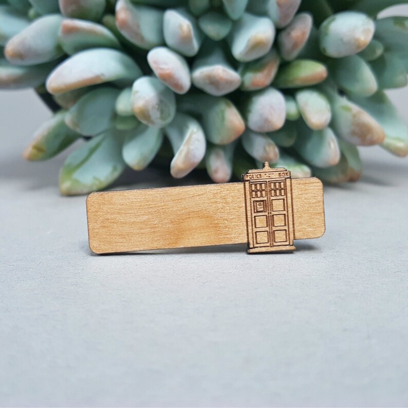 TARDIS Tie Bar Laser Engraved Alder Wood Doctor Who Tie Clip image 1