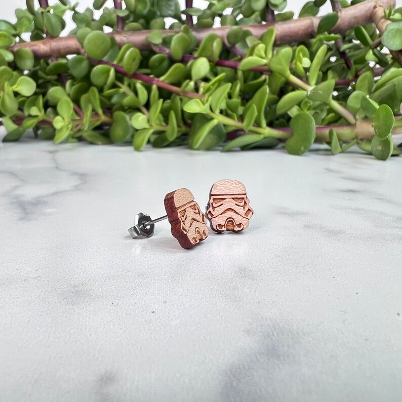 Star Wars Stormtrooper Earrings Laser Engraved on Maple Wood Hypoallergenic Titanium Post Earrings image 3