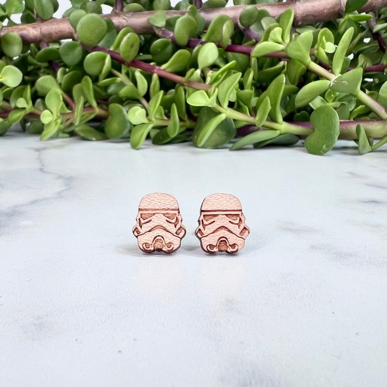 Star Wars Stormtrooper Earrings Laser Engraved on Maple Wood Hypoallergenic Titanium Post Earrings image 1