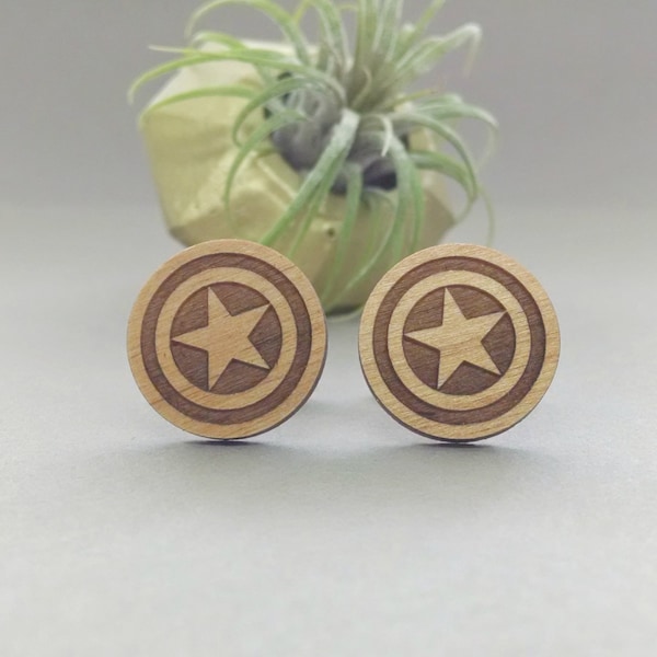 Captain America Shield Cuff Links - Laser Engraved Wood - Cufflink Pair - Marvel Avengers